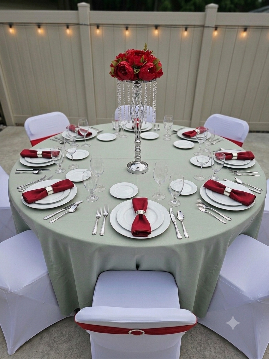 Table service set-up with light green linens and red accents